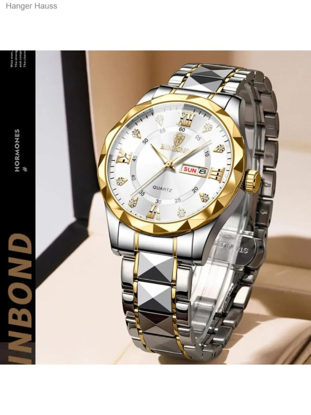 Men's Business Diamond Stainless Steel Quartz Watch Day-Date Calendar Roman
